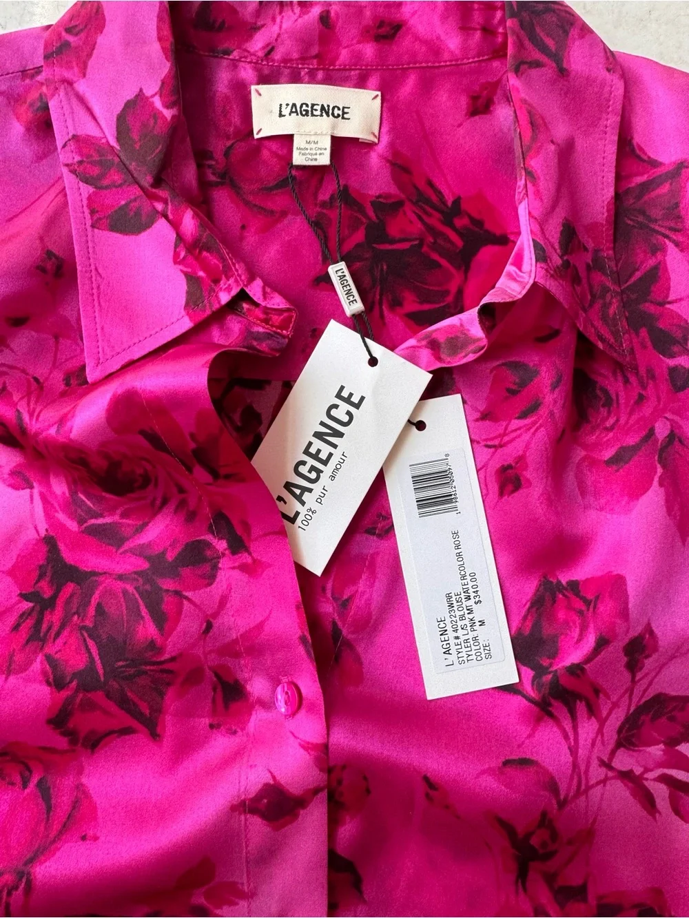L’Agence Tyler Silk Floral Split-Neck Button Front Blouse - Fuchsia Pink size M - Picture 5 of 10